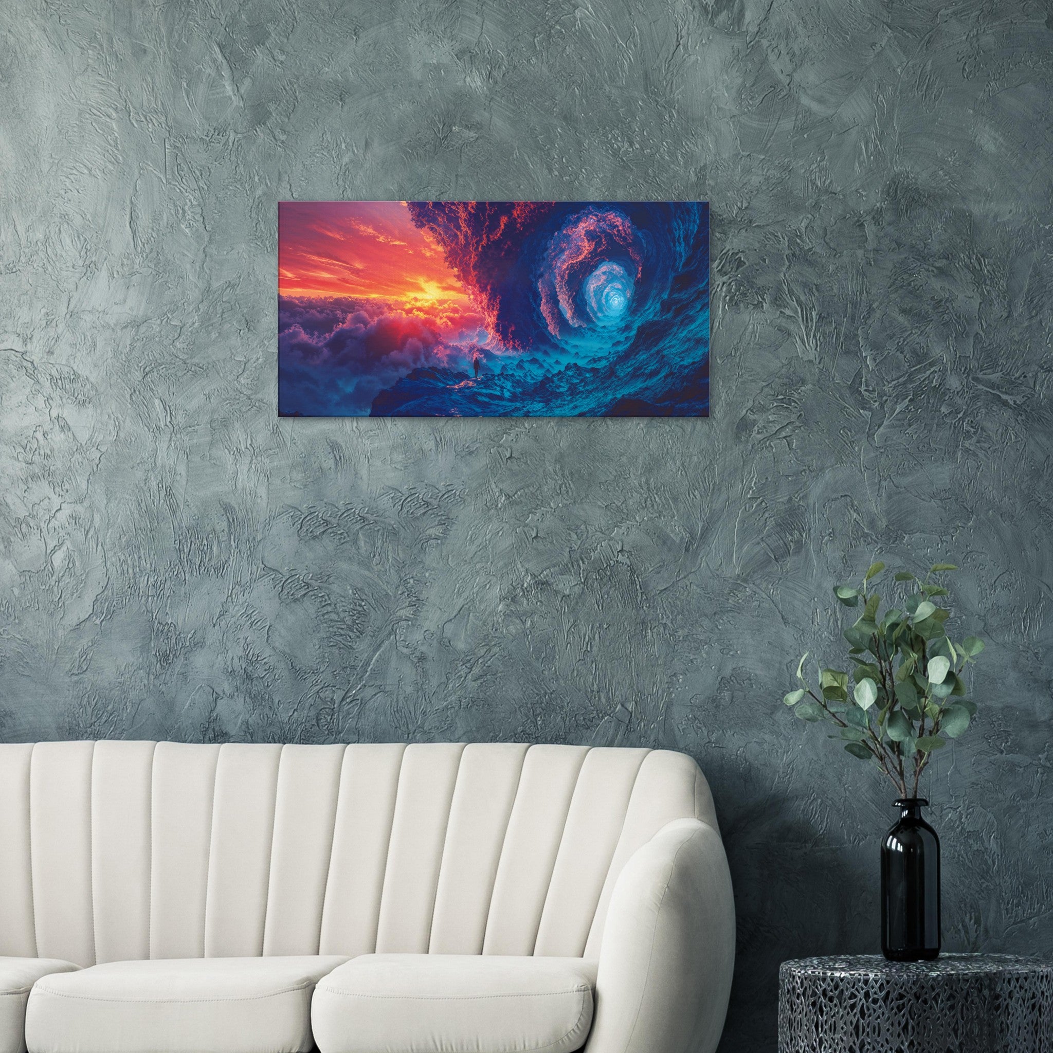 Twilight Spiral canvas print displayed in a modern living room, highlighting its ability to enhance any interior decor.