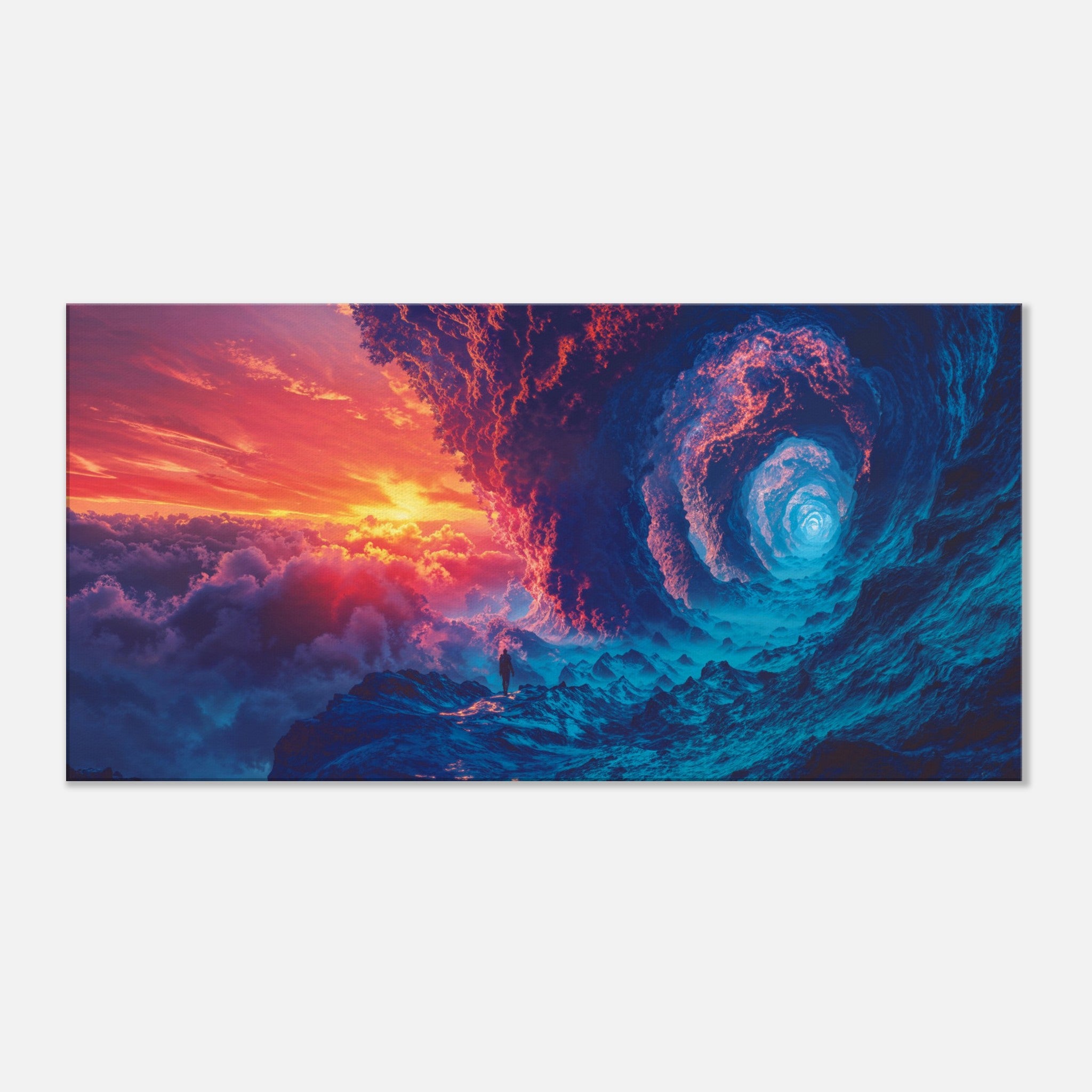 A vibrant cosmic vortex canvas art print with swirling colors of pink, orange, and blue, featuring a twilight sky and ethereal landscape.