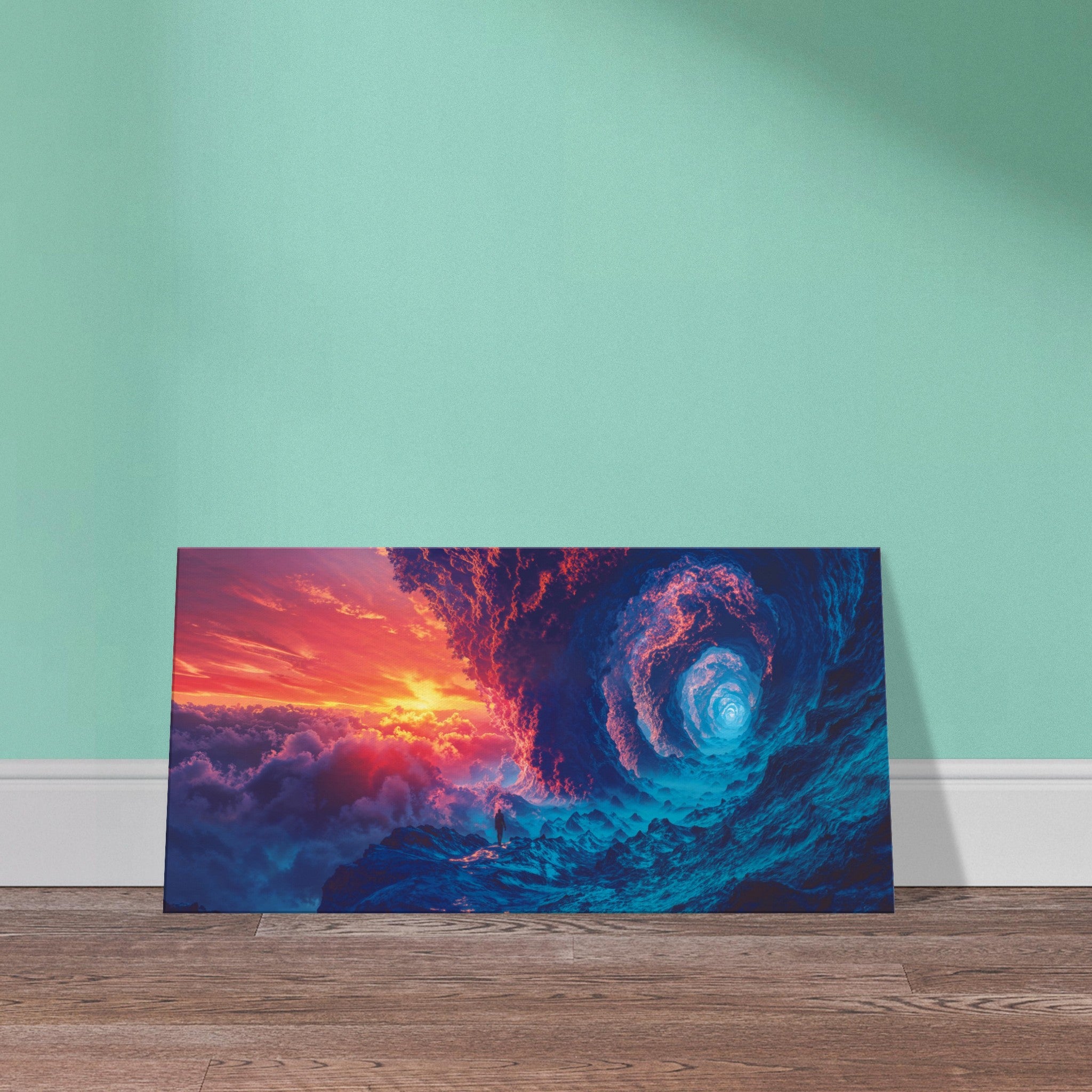 Detail of the swirling colors in the Twilight Spiral canvas print, emphasizing the blend of pink, orange, and blue hues.