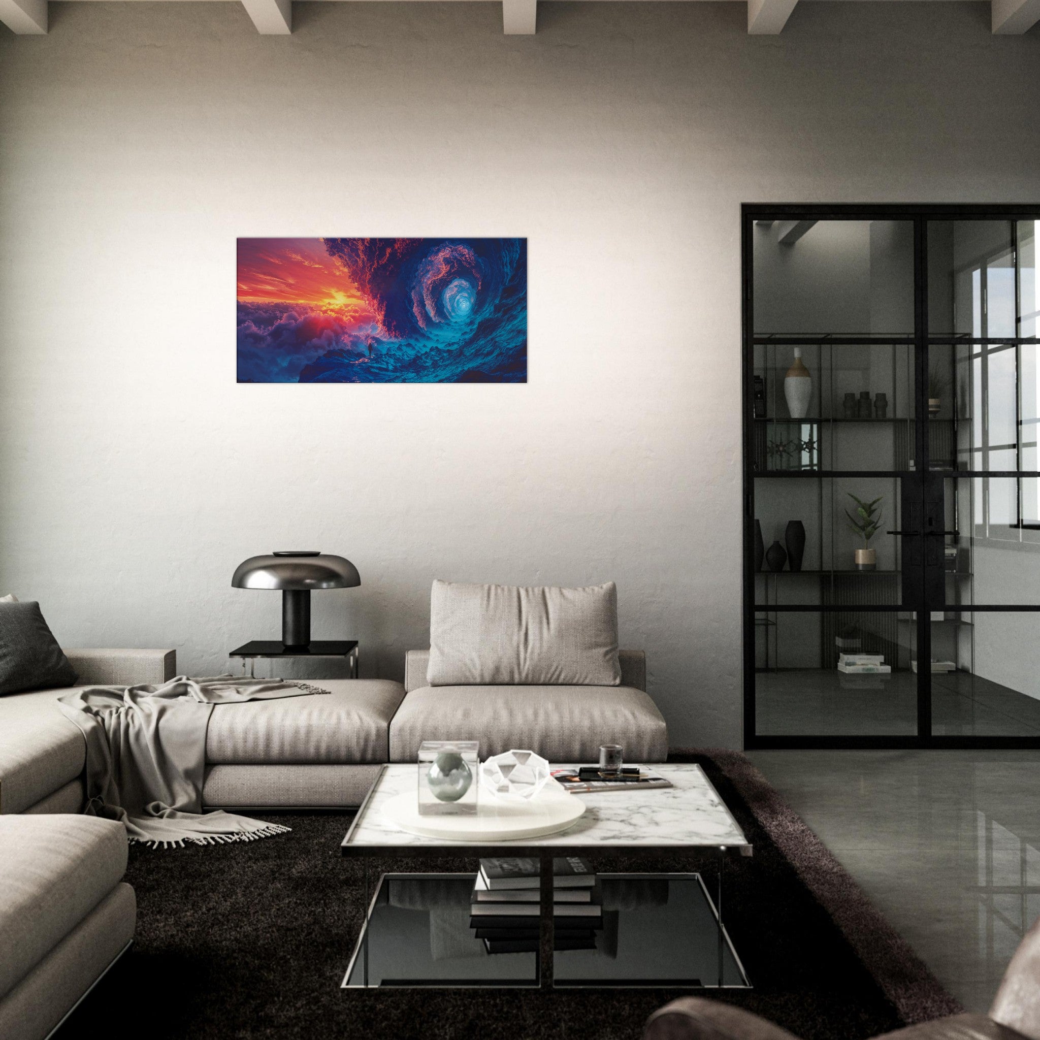 Twilight Spiral canvas print displayed in a modern living room, highlighting its ability to enhance any interior decor.