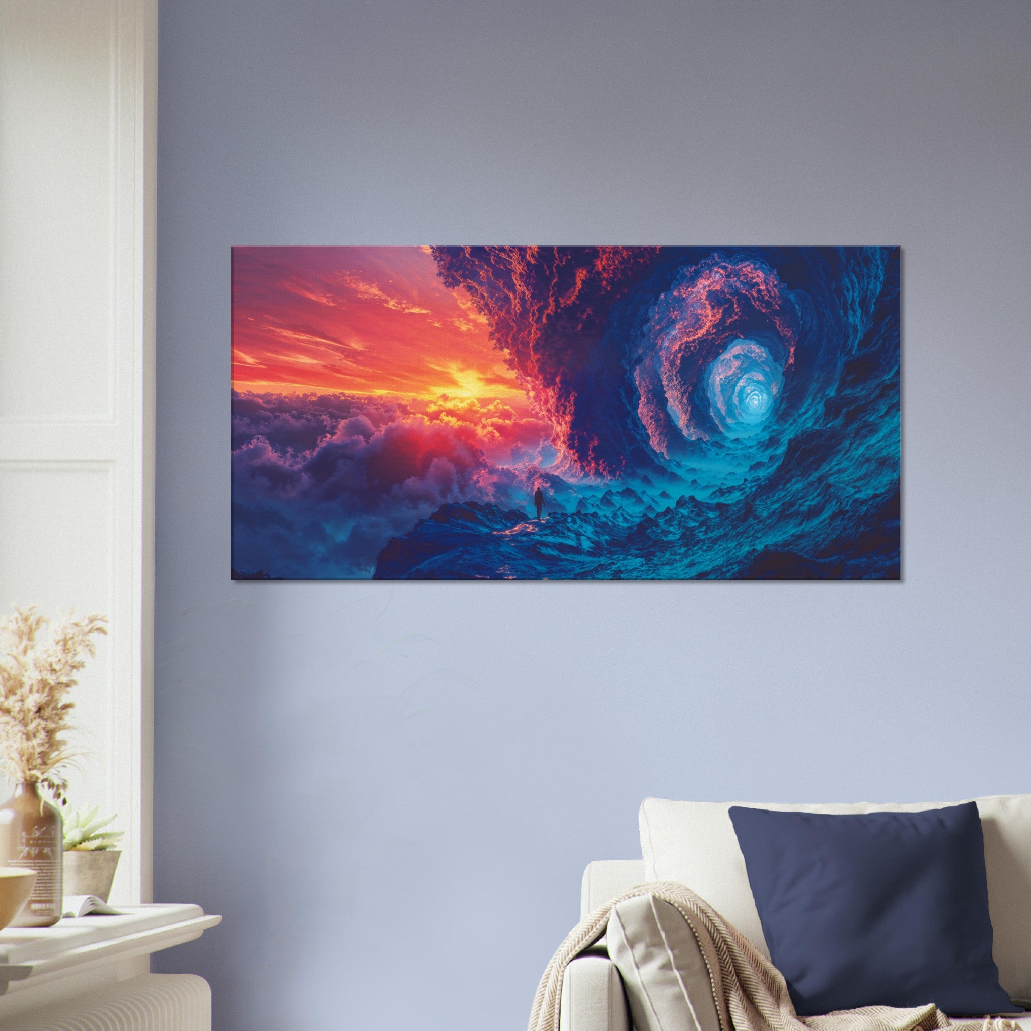 Close-up of the twilight sky in the Twilight Spiral canvas print, showcasing intricate details of the cosmic vortex.