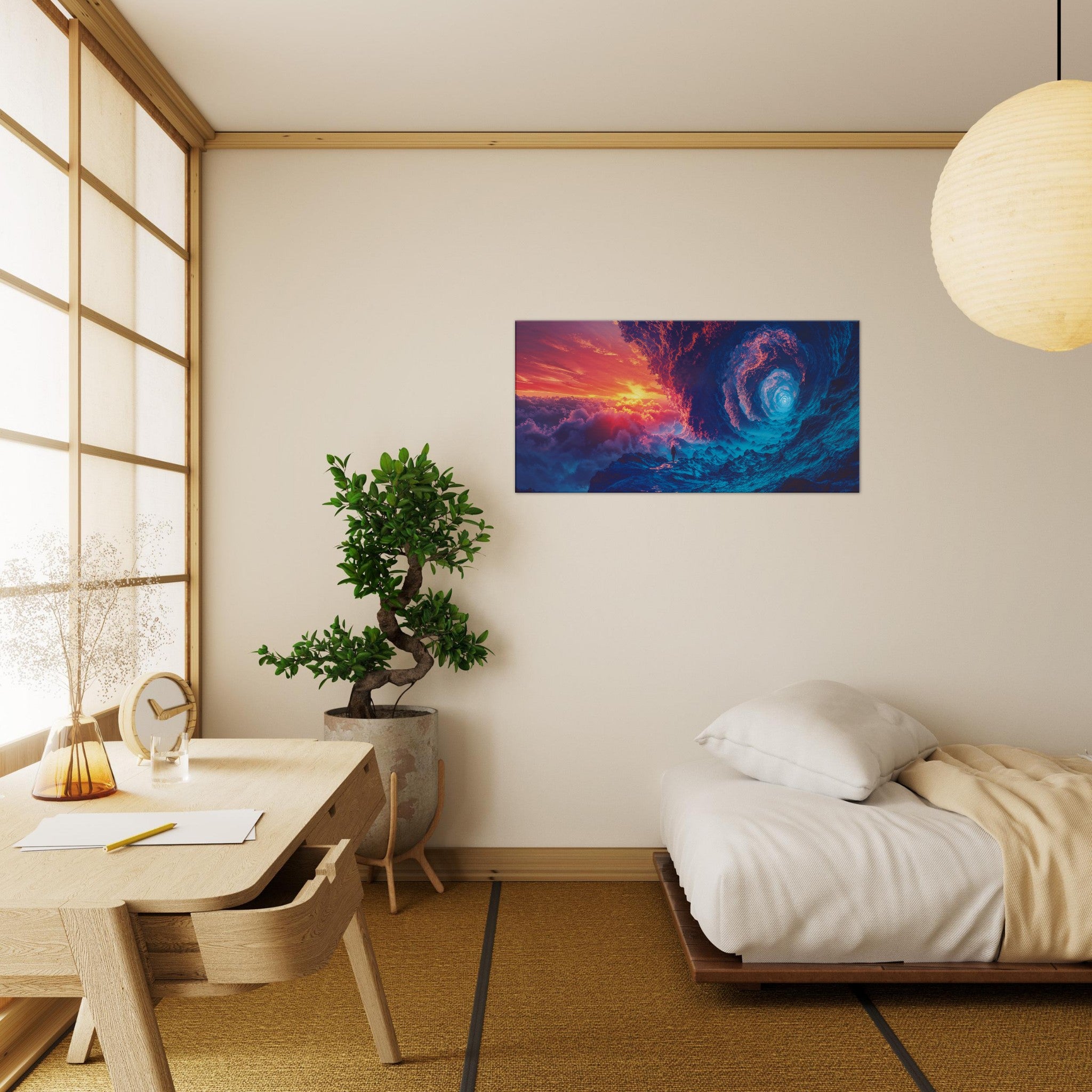 Bedroom view of the Twilight Spiral canvas print, highlighting the texture and depth of the swirling cosmic design.