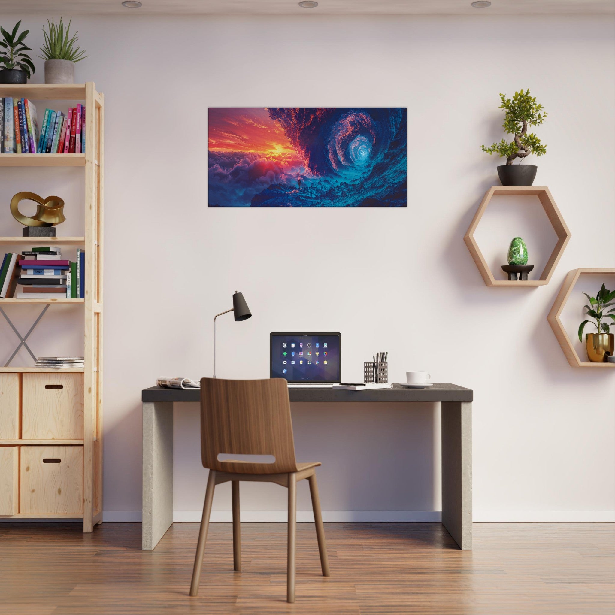 Twilight Spiral canvas print hung on a wall, demonstrating its stunning visual impact in a work space.